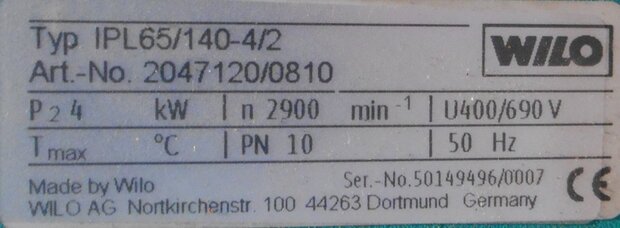 Wilo IPL65/140-4/2 Circulation Flange Pump 2047120/0810 