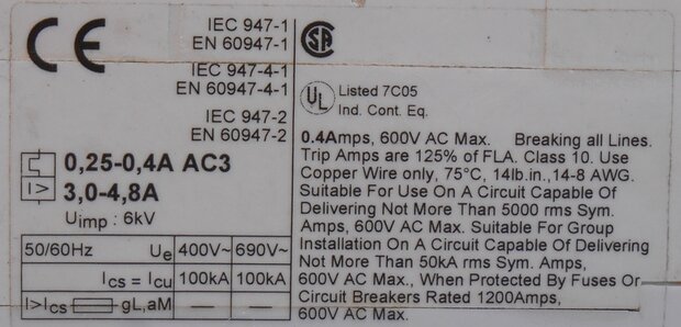 ABB MS325 0,4  Motorbeveiligingsschakelaar Range 0,25 - 0,40A