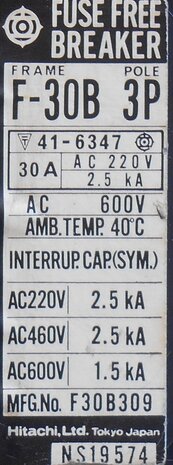 Hitachi F-30B 3P Circuit Breaker 30A 600V 