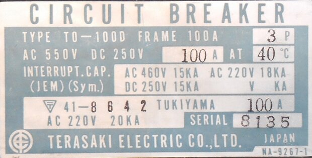 Terasaki T0-100D 3P vermogensschakelaar 100A 550V AC 250V DC Circuit Breaker