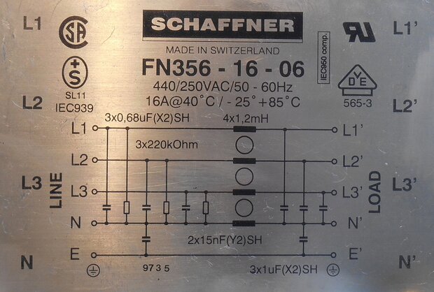SCHAFFNER FN356-16-06 Power Line Filter 440/250V AC 16A