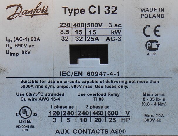 Danfoss CI 32 contactor 220-230V 50Hz 63A 3P 037H006131