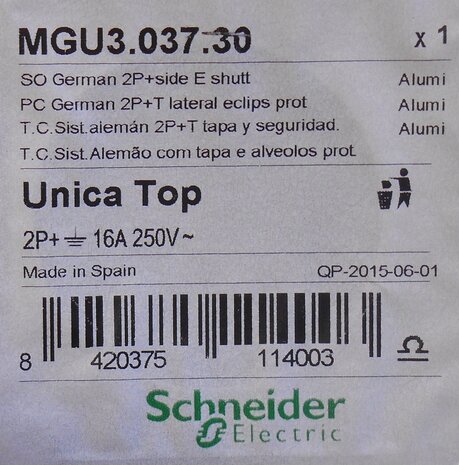 Schneider electric MGU3.037.30 enkele contactdoos 16A, 2P+A kleur aluminium