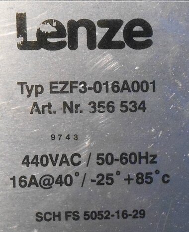 Lenze 356534 Rfi Filter 440VAC 50-60Hz 16A EZF3-016A001