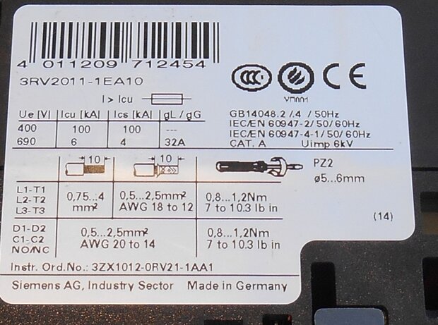 Siemens 3RV2011-1EA10 motorbeveiligingsschakelaar 2,8-4A