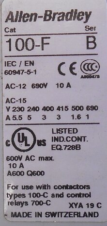 Allen-Bradley 100-F A40 hulpcontact Series B 4NO