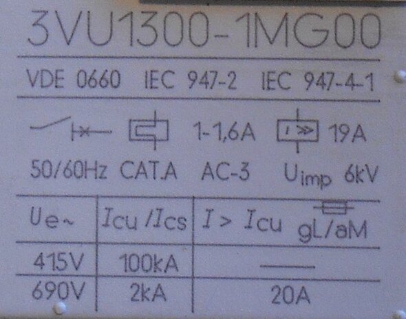 Siemens 3VU1300-1MG00 motor starter protector 1.0-1.6A 1NO + 1NC