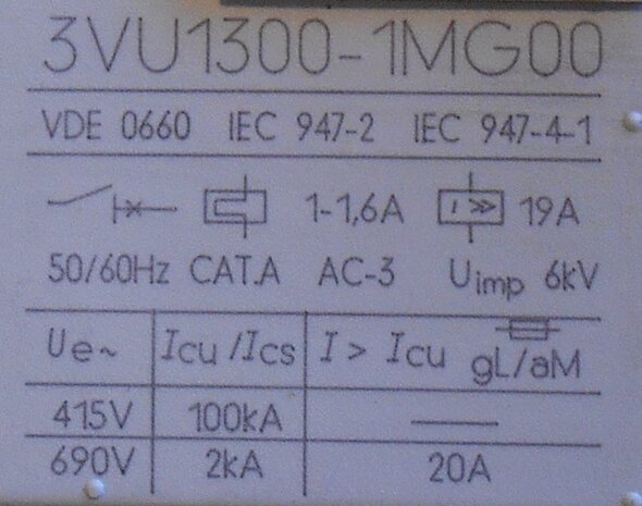 Siemens 3VU1300-1MG00 motorstarter protector 1,0-1,6A 1NO+1NC