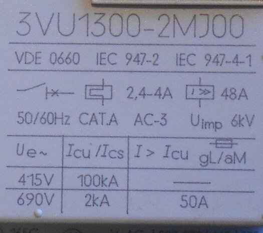 Siemens 3VU1300-2MJ00 motor starter protector 2,4-4,0A 2NO
