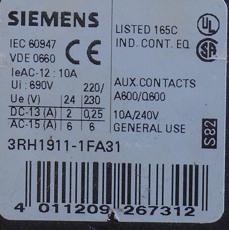 Siemens 3RH1911-1FA31 auxiliary contact 2NO 2NC 10A