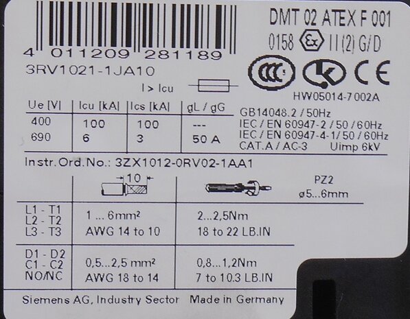 Siemens 3RV1021-1JA10 Motor protection switch 7 - 10 A 3P