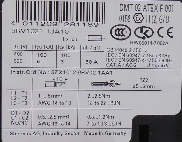 Siemens 3RV1021-1JA10 Motorbeveiligingsschakelaar 7 - 10 A 3P