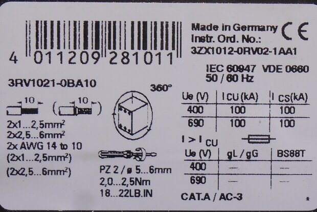 Siemens 3RV1021-0BA10 Motorbeveiligingsschakelaar 0,14 - 0,2 A 3P