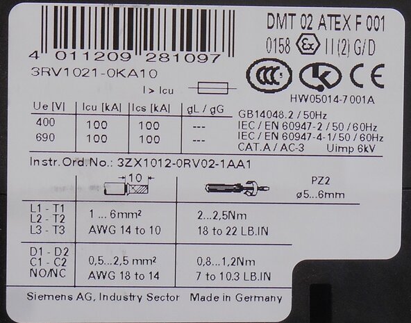 Siemens 3RV1021-0KA10 motor protection 0,9 - 1,25 A 3P