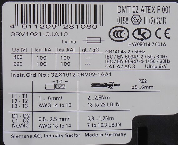 Siemens 3RV1021-0JA10 Motorbeveiligingsschakelaar 0,7 - 1 A 3P
