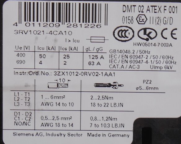 Siemens 3RV1021-4CA10 motor protection 17 - 22 A 3P