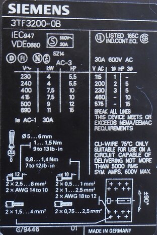 Siemens 3TF32 00-0BB4 Contactor 30A 24V DC 3P