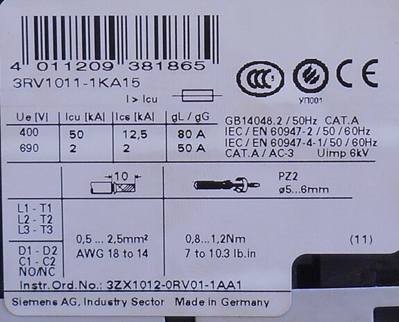 Siemens 3RV1011-1KA15 Motor protection switch 9 - 12 A 3P 1NC+1NO