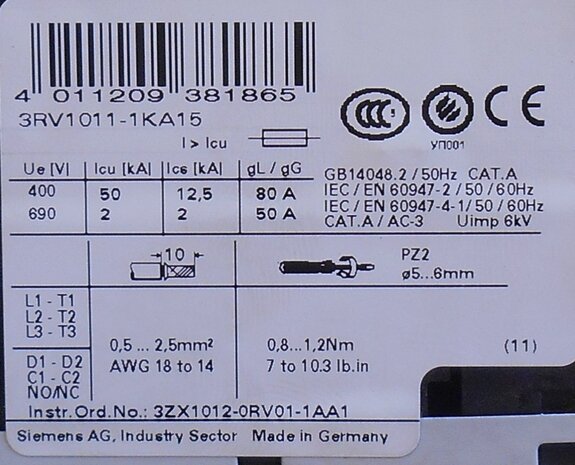 Siemens 3RV1011-1KA15 Motorbeveiligingsschakelaar 9 - 12 A 3P 1NC+1NO