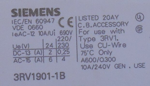 Siemens 3RV1901-1B hulpcontact 2NO