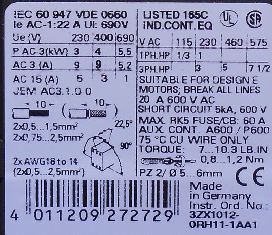 Siemens 3RT1016-1BM41 magneetschakelaar 3P 1NO 220V DC 15A