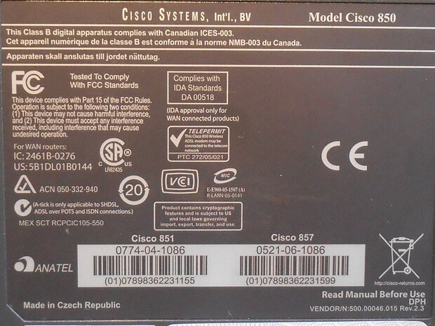 Cisco Model Cisco 850 Integrated Services router
