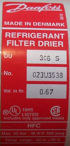 Danfoss DU 306S filter drier 0,67 liter 023U3538