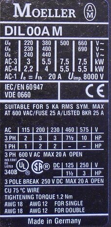 Moeller DIL00AM contactor 230V50/60 3P 20A