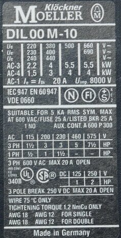 Moeller DIL00M-10 contactor 3P 230V/240V 1NO