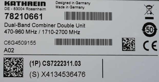 Kathrein 78210661 Dual Band Combiner 470-960 / 1710-2700 MHz