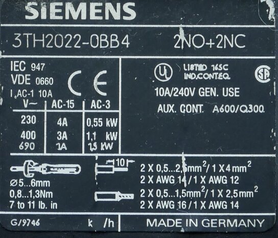 Siemens 3TH2022-0BB4 magneetschakelaar 22E 24V DC 10A 2NO+2NC