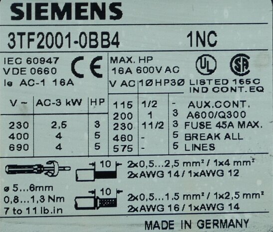 Siemens 3TF2001-0BB4 contactor 01E 24V DC 16A 3P 1NC