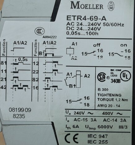 Moeller ETR4-69-A Analogue Timer relais ETR4 Series, Multifunction, 0.05 s, 100 h